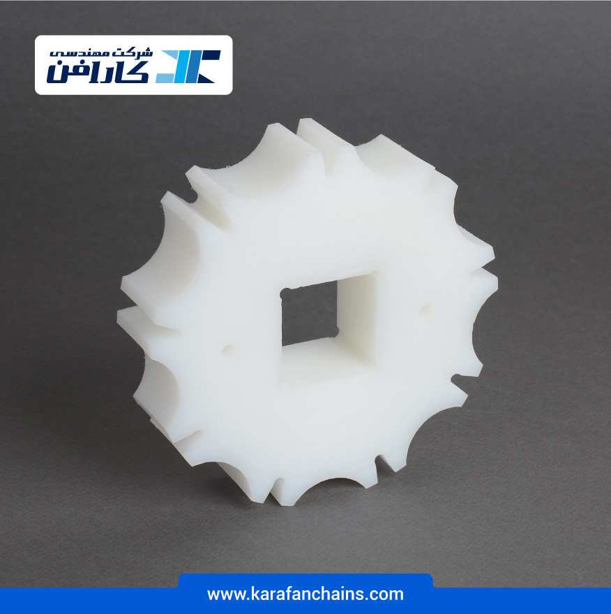 چرخ زنجیر گام 2 اینچ 9 دندانه، قطر 145 میلیمتر با سوراخ 40x40 میلیمتر و ضخامت 35 میلیمتر ( تیپ V ) در کارابلتز