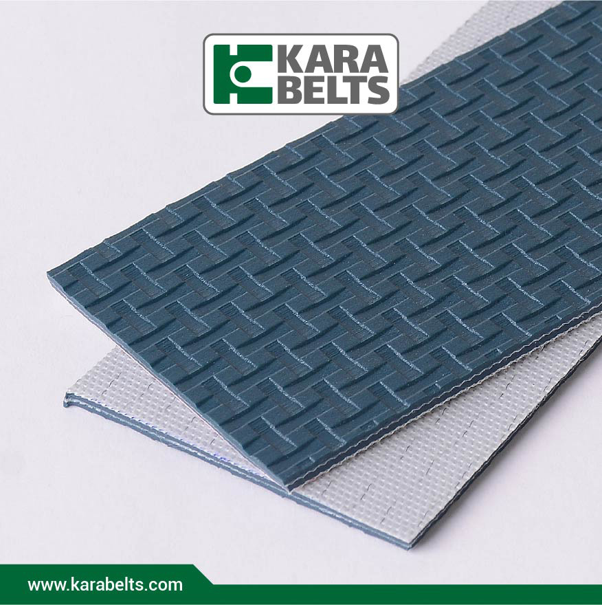 تسمه نقاله پی وی سی آبی نفتی، آج پامرغی، ضخامت 3 میلیمتر، 2 لایه نخ، آنتی استاتیک