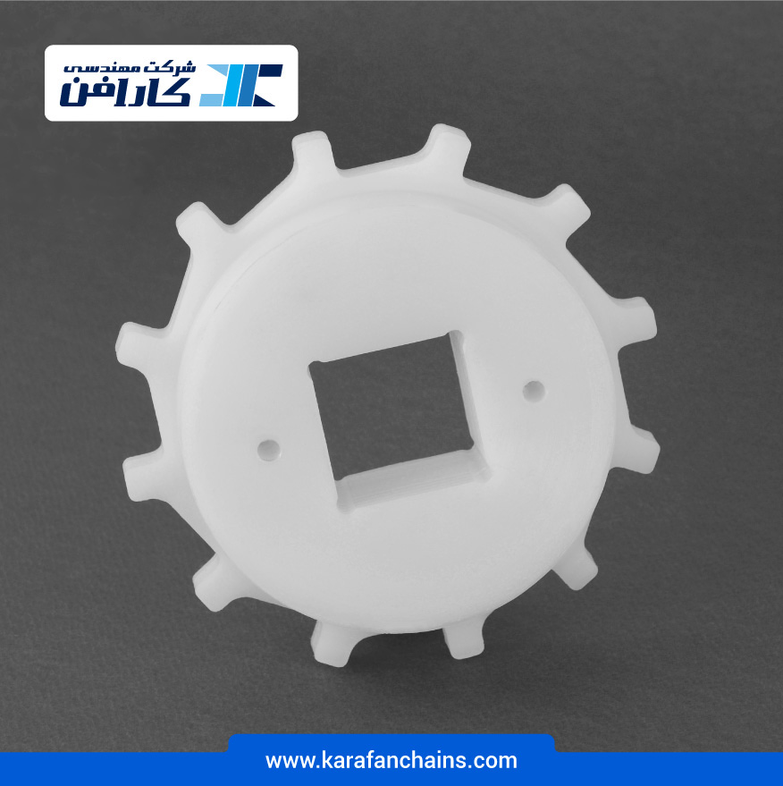 چرخ زنجیر گام 1.5 اینچ 12 دندانه، قطر 145 میلیمتر با سوراخ 40×40 میلیمتر و ضخامت دنده 10 میلیمتر