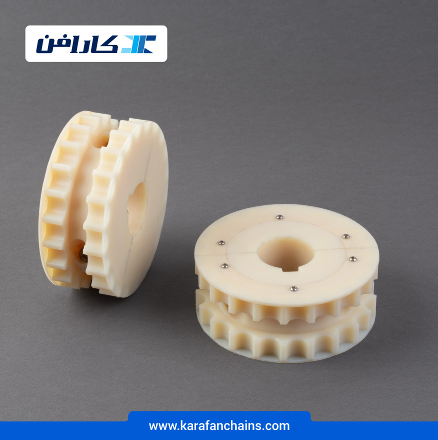 چرخ زنجیر گام 19.05 میلیمتر، 21 دندانه، قطر 127 میلیمتر، با سوراخ قطر 30 میلیمتر و ضخامت سر دنده 50 میلیمتر، شیاردار دو تکه در کارابلتز