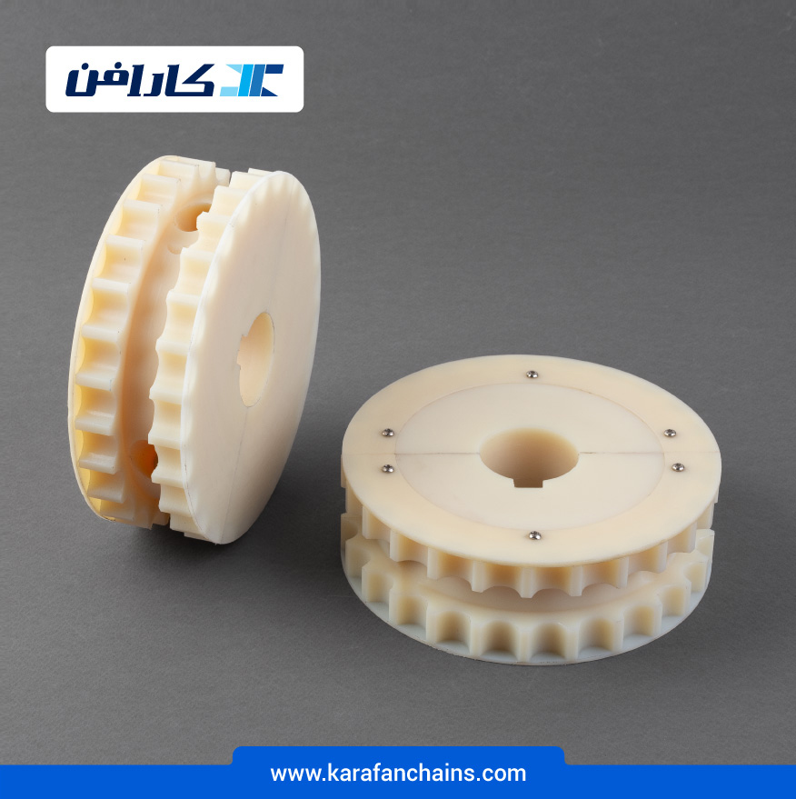 چرخ زنجیر گام 19.05 میلیمتر، 25 دندانه، قطر 127 میلیمتر، با سوراخ قطر 40 میلیمتر و ضخامت سر دنده 50 میلیمتر، شیاردار دو تکه در کارابلتز