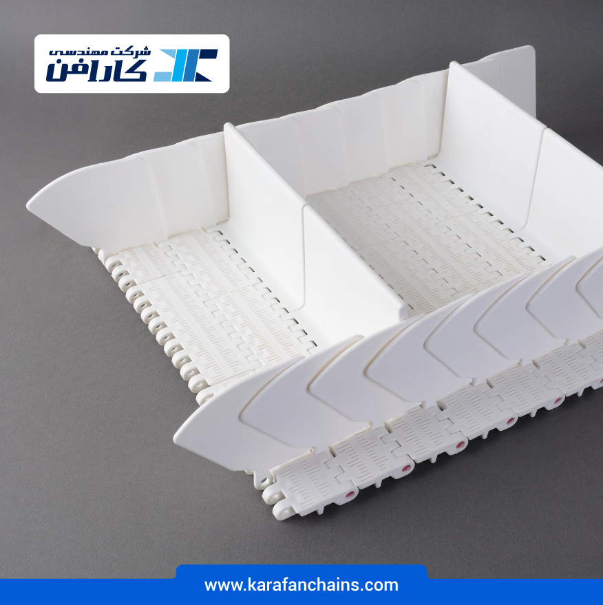 تسمه مدولار حرکت مستقیم گام 2 اینچ با دیواره و تیغه بالابرنده و گذر 10% ( با قابلیت تمیز شوندگی بالا ) در کارابلتز